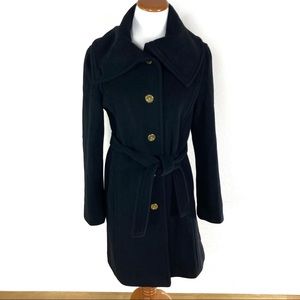 Coach Black Wool Angora Long Trench Coat Tie Waist‎ Women's Sz Medium NWOT